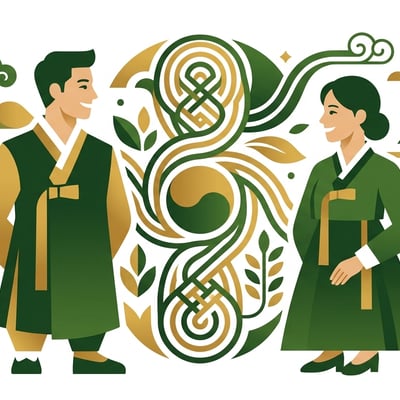 서로 다른 기운을 가진 두 남녀가 마주 보며 웃는 모습과 태극 문양 등 한의학적 조화를 상징하는 요소들