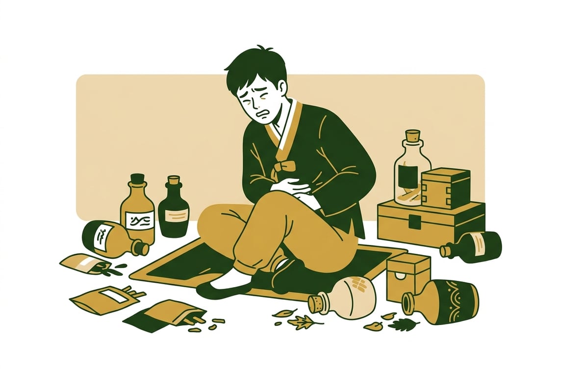 젊은 남성이 배를 움켜쥐고 고통스러워하며 주변에 약병들이 널려있는 모습
