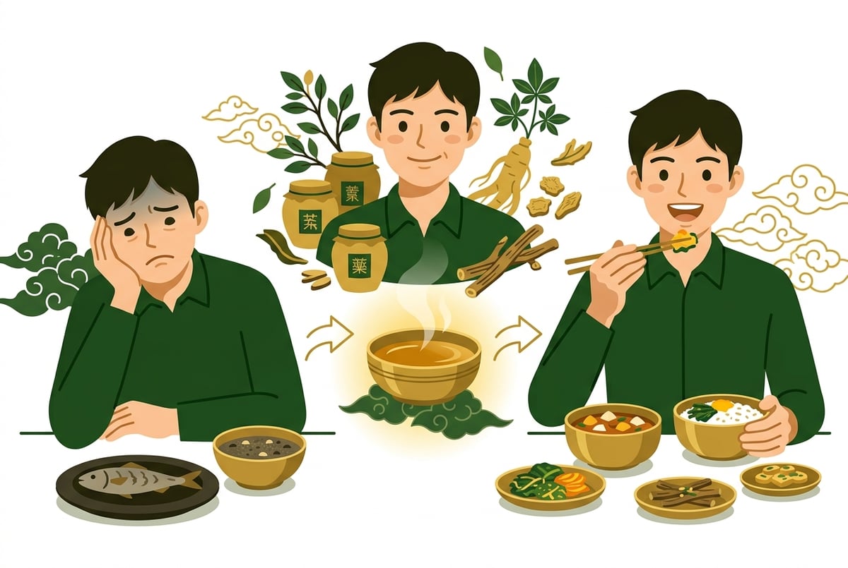 테이블에 앉아 밥을 먹는 것에 불안감을 느끼는 젊은 남자가 건강하게 식사하며 웃는 모습으로 변화하는 장면