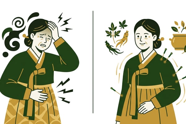 머리를 감싸 쥐거나 배를 부여잡고 괴로워하던 사람이 한약과 침 치료 후 평온해진 모습이 교차되는 장면