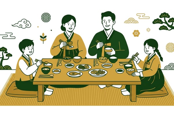 활기찬 분위기 속에서 각자의 밥그릇과 반찬 접시에 담긴 음식을 먹는 네 가족의 평화로운 식사 모습.