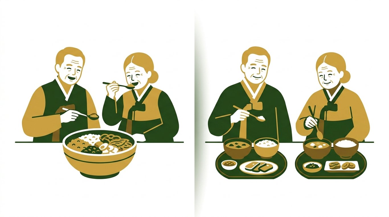왼쪽에는 한 그릇을 함께 먹는 노부부, 오른쪽에는 각자 그릇에 담긴 음식을 먹는 노부부. 식사 방식의 대조.