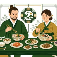 단정한 한복 차림의 가족이 각자 다른 그릇에 담긴 음식을 먹으며 웃고 있는 모습. 따뜻하고 건강한 식사 풍경.