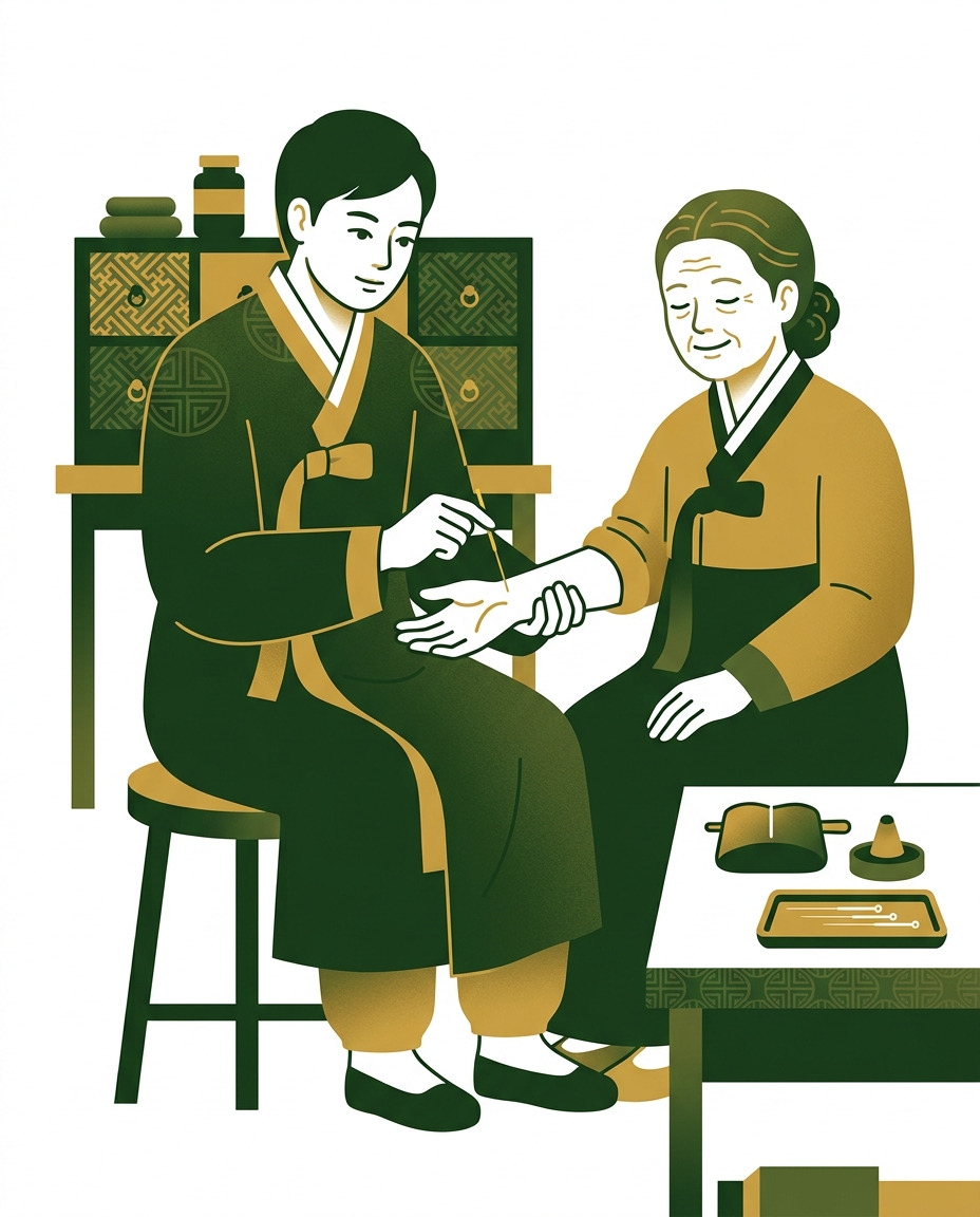 한의사가 환자에게 침 치료를 하는 모습, 환자는 편안하게 미소 짓고 있다