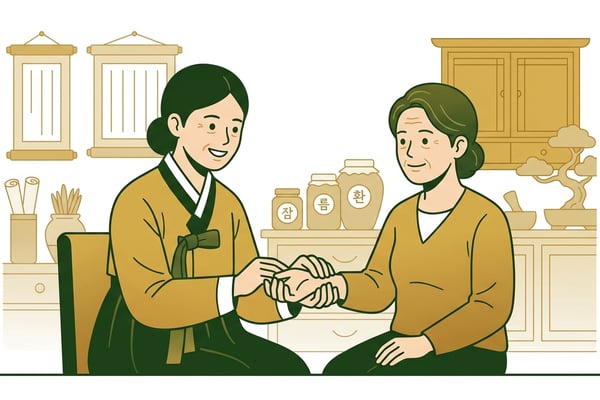 한의사가 환자의 맥을 짚고 침 치료를 준비하는 편안한 장면