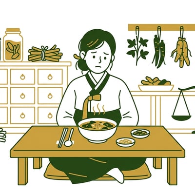 출산 후 미역국을 앞에 두고 고민하는 산모와 그 뒤로 보이는 체질별 한약재.