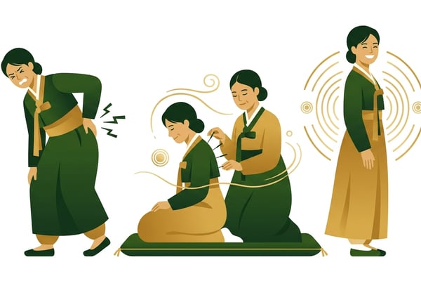 허리 통증으로 힘들어하는 사람이 한의사의 체질침 치료를 받고 건강하게 웃으며 일상으로 돌아가는 모습
