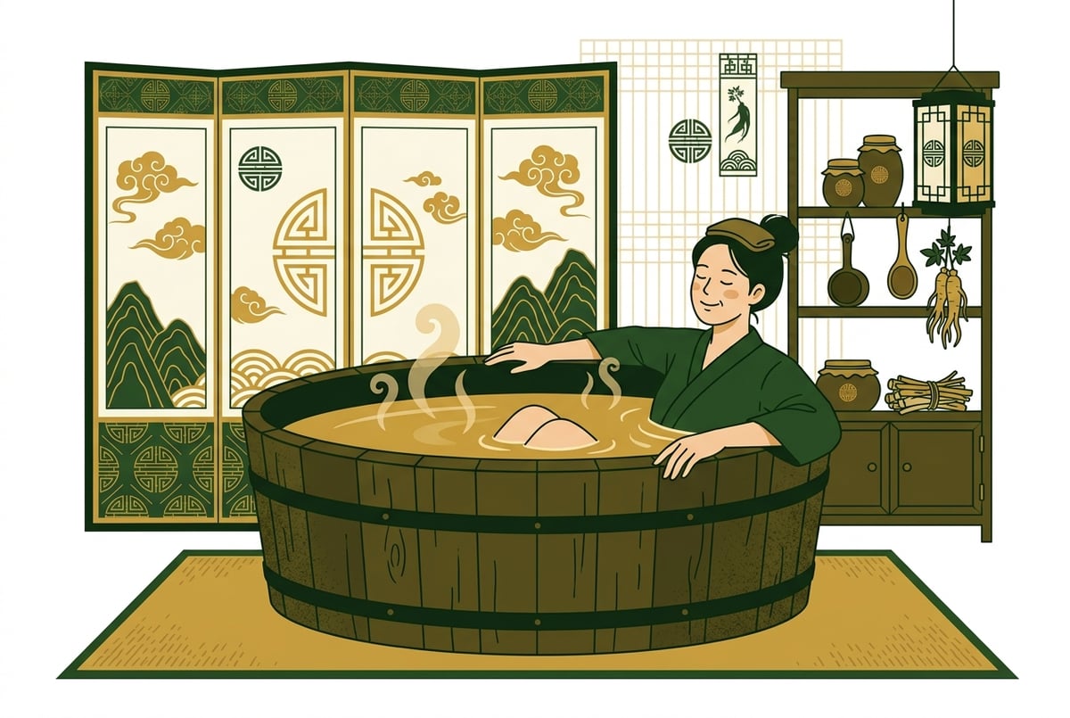 따뜻한 김이 피어오르는 욕조에서 편안하게 온수욕을 즐기는 사람의 모습