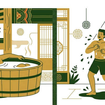 따뜻한 욕조와 시원한 샤워기가 함께 있는 욕실에서 체질에 맞춰 목욕하는 사람들의 모습을 상징하는 그림