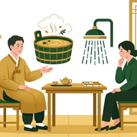 한의사가 체질을 진단하고 온수와 냉수 목욕을 상징하는 두 개의 욕조를 가리키는 장면