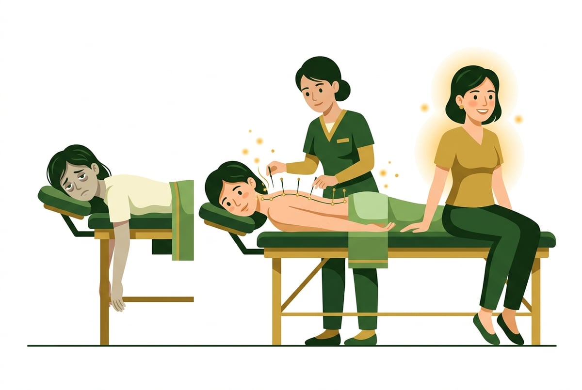 기운이 없던 환자가 침 치료 후 점차 생기를 되찾는 과정이 묘사된 이미지.