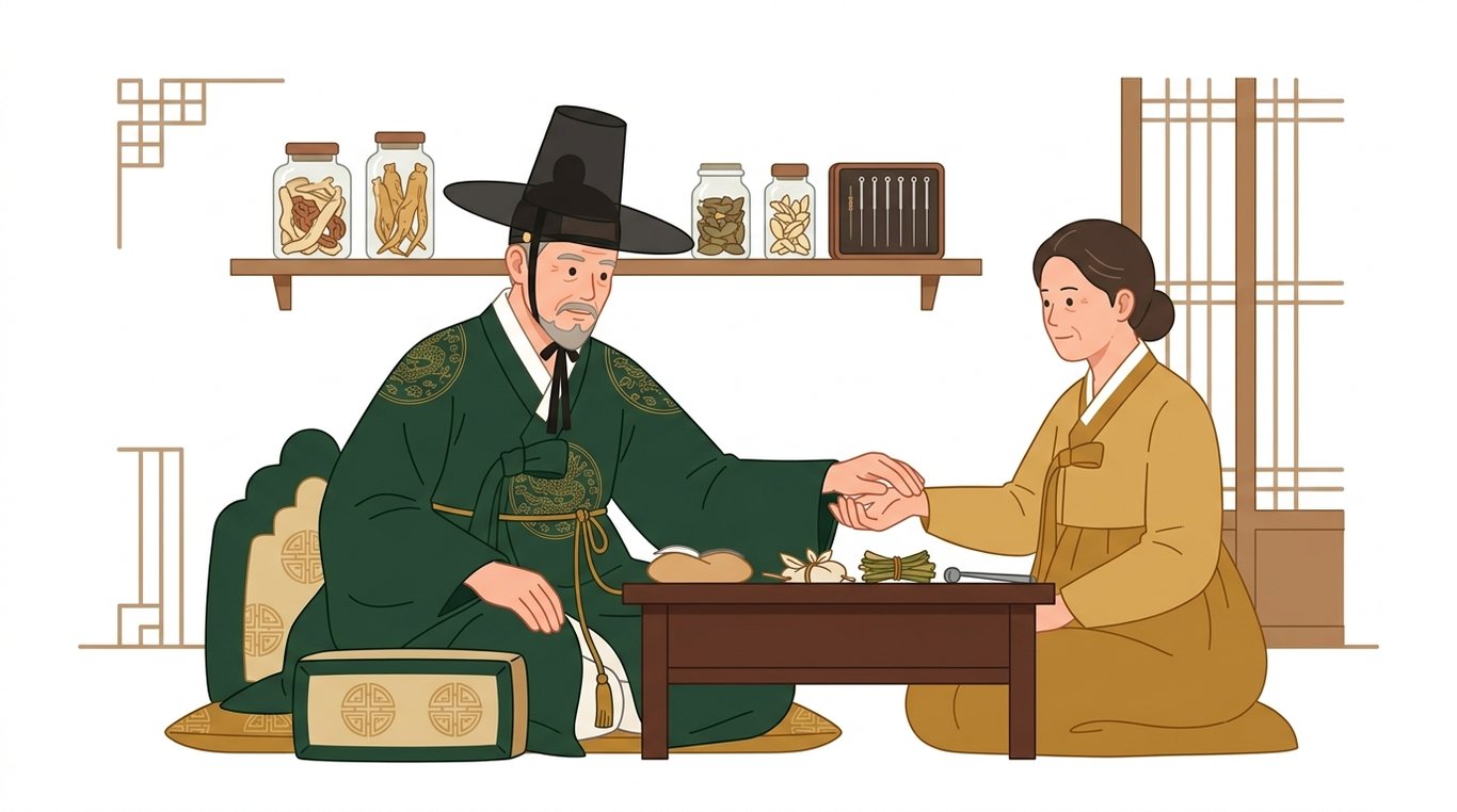 한의사가 환자의 손목을 짚고 맥을 진찰하는 장면, 배경에는 한약재들이 보인다.