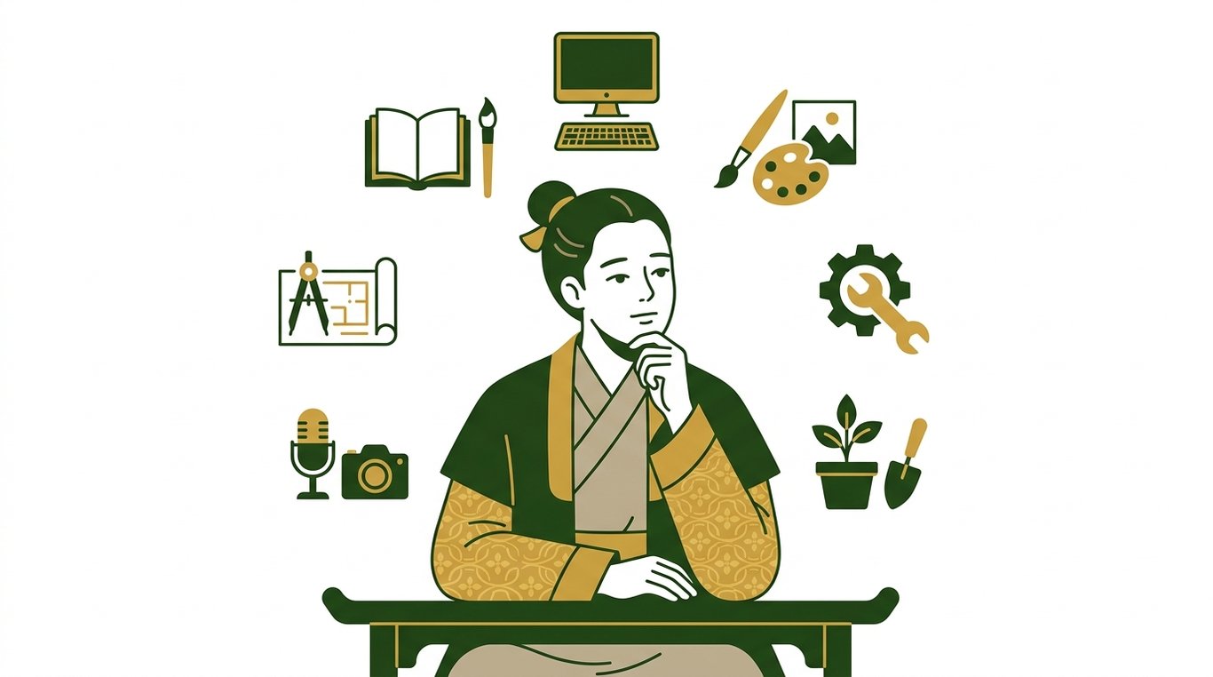고민하는 사람과 다양한 직업 아이콘이 주변에 떠 있는 이미지. 차분한 색감으로 직업 선택의 중요성 강조.