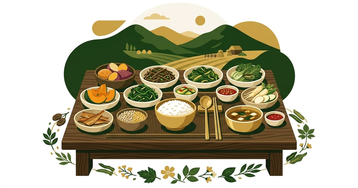 한국 전통 식재료와 체질식을 상징하는 풍요로운 식탁 이미지