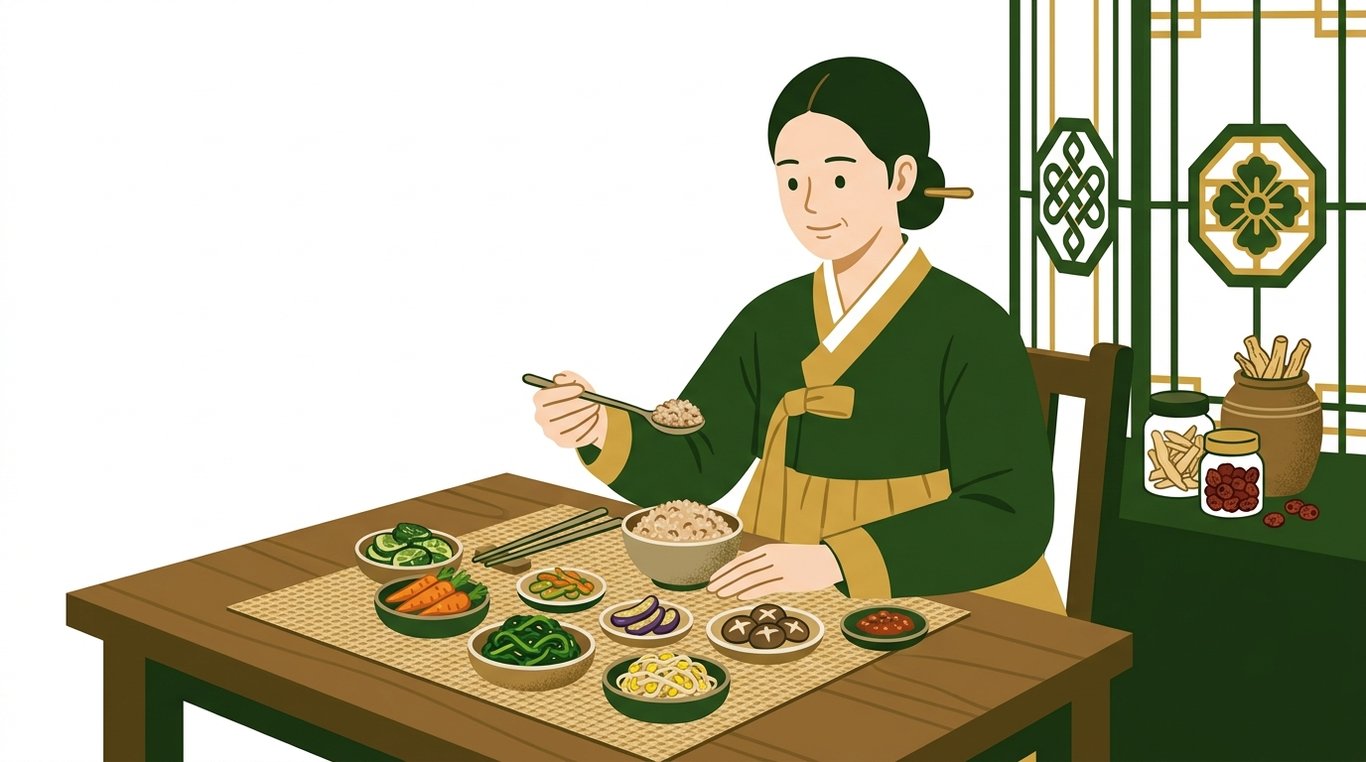 소음인 여성이 혈압 관리에 좋은 현미밥과 채소를 섭취하는 모습