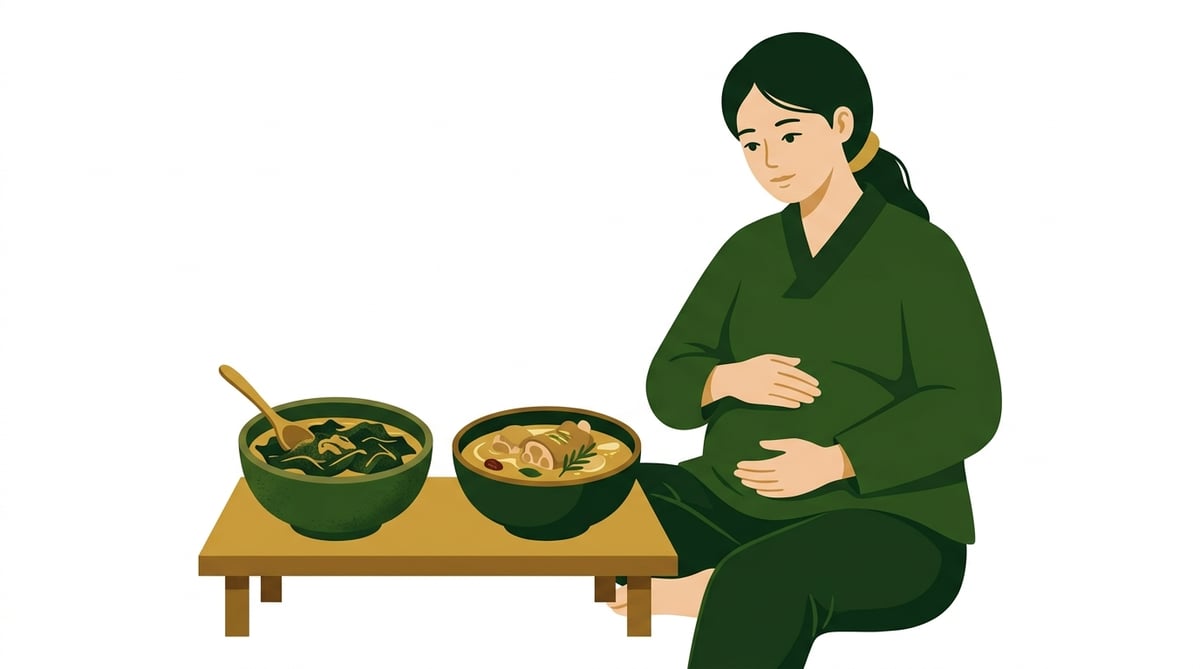 산후조리 중인 산모가 미역국과 다른 음식을 두고 고민하는 모습