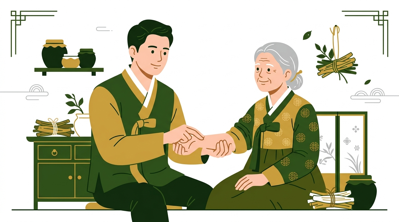 한의사가 뇌졸중 환자의 손목을 진맥하며 진지하게 치료 방향을 설명하고, 환자는 한의사의 조언을 경청하고 있다.