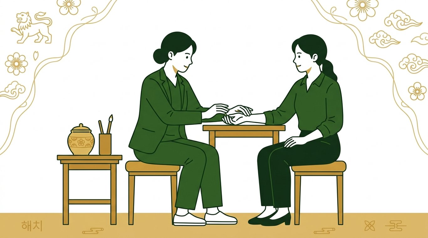 한의사가 환자의 손목에서 맥을 짚으며 집중하여 진찰하는 장면