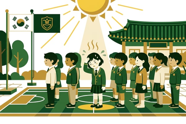 햇살이 뜨거운 학교 운동장에서 아침 조회 중 어지러움을 느끼며 쓰러지려는 아이의 모습과 주변의 건강한 아이들.