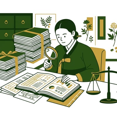 서류를 꼼꼼히 검토하며 완벽하게 업무를 처리하는 인물의 모습.