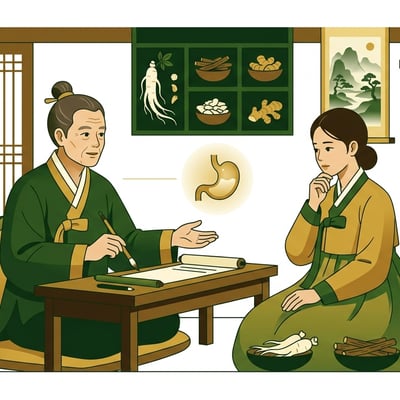 한의원 진료실에서 한의사가 수음체질 환자에게 직업과 소화기 건강에 대해 설명하는 모습