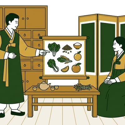 밝은 한의원에서 한의사가 태양인 환자에게 체질별 식단을 설명하며 상담하는 장면