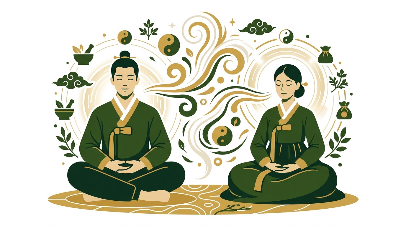 편안하게 앉아 단전호흡을 하며 건강한 기운을 느끼는 남성과 여성, 주변에 균형을 상징하는 한의학적 요소들이 조화롭게 표현되어 있다.