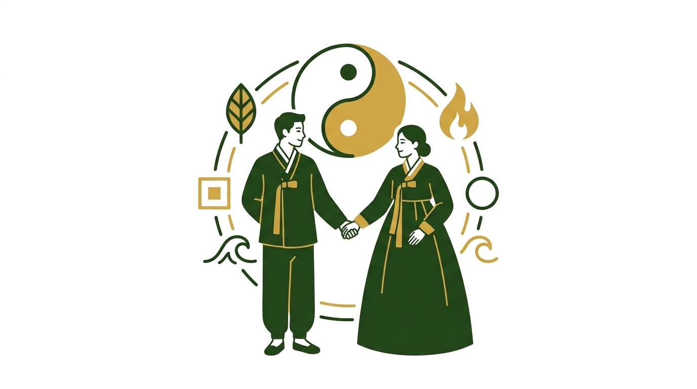두 남녀가 서로를 마주보며 손을 잡고 있고, 주변에 음양오행을 상징하는 한의학적 문양이 조화롭게 배치된 모습.
