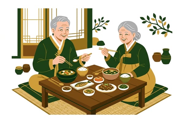 각자 밥과 국을 따로 담아 먹으며 웃고 있는 건강한 한국 노부부.
