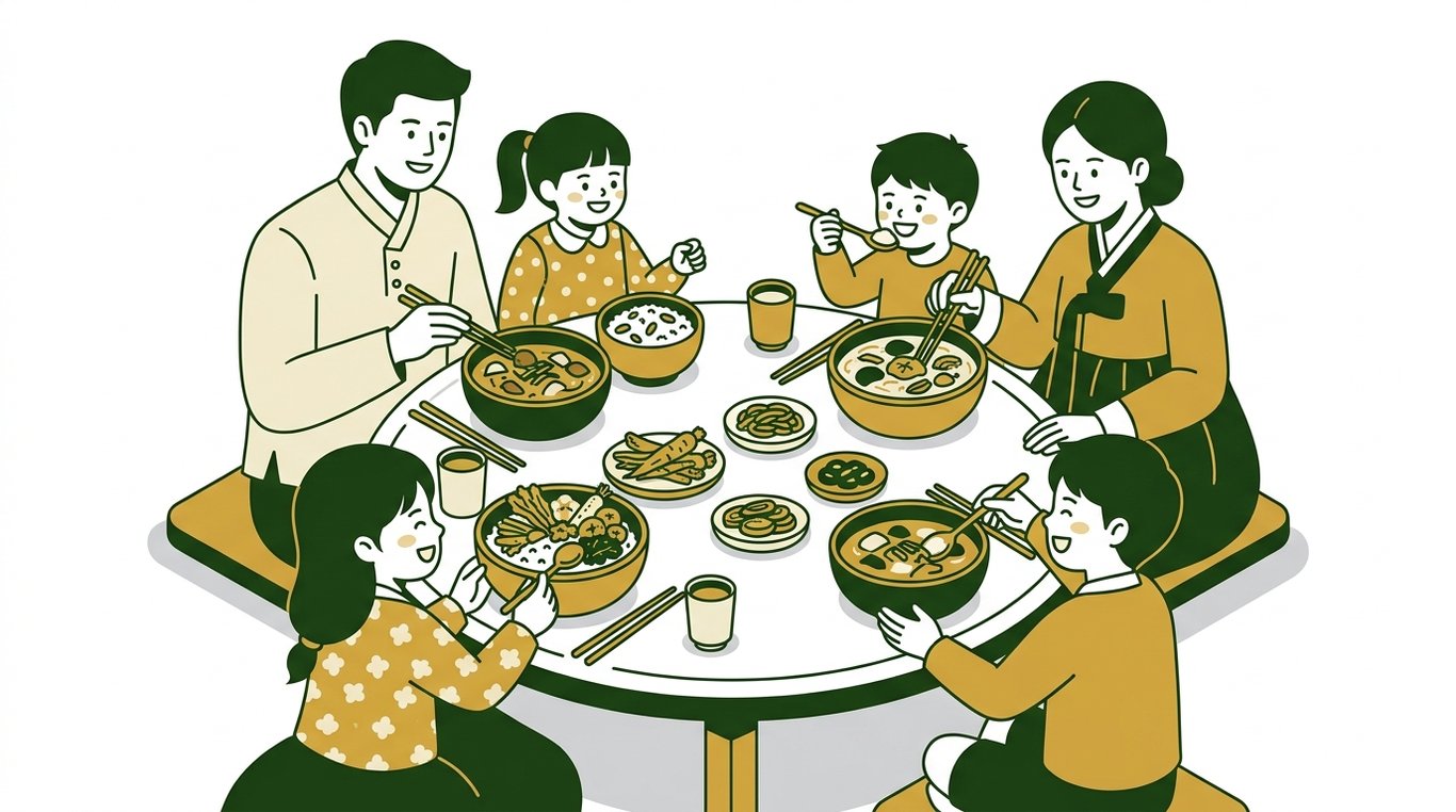 한식 상차림으로 각자 그릇에 담긴 음식을 먹는 행복한 가족의 모습.