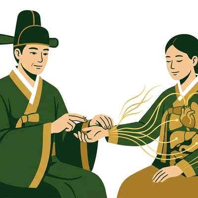 한의사가 차분한 표정으로 환자의 손목에 손가락을 대고 맥을 짚고 있으며, 맥이 뛰는 손목에서 오장육부를 상징하는 추상적인 에너지 흐름이 몸 안으로 퍼져나가는 모습.