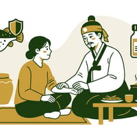한의사와 환자, 그리고 복어와 페니실린 병이 함께 있는 이미지