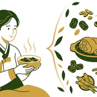 산모가 미역국을 앞에 두고 고민하는 모습과 체질별 음식을 보여주는 한의학적 그림