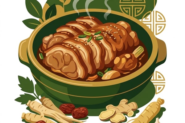 김이 모락모락 나는 따뜻한 돼지족발이 담긴 그릇과 그 주변에 약재들이 놓여있는 이미지.