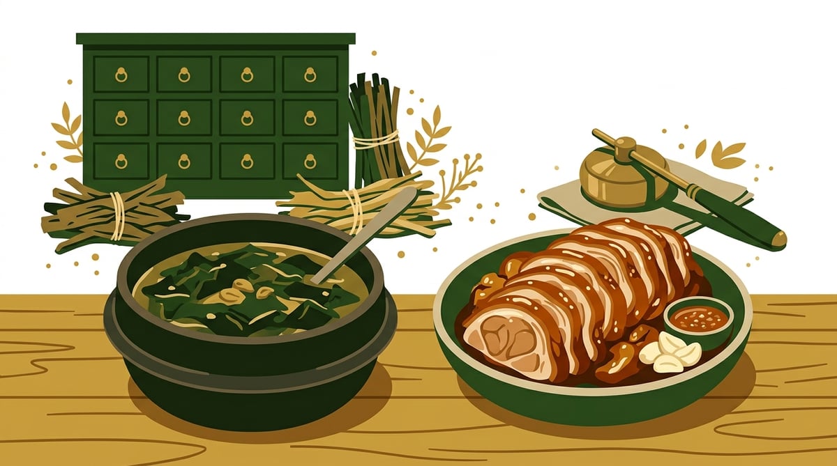 미역국 그릇과 돼지족발 그릇이 나란히 놓여 있고, 한의학적 체질 감별 도구가 배경에 있는 모습.