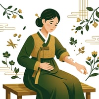 토양체질 여성이 복부와 팔 피부를 감싸며 불임과 백납으로 인한 고민을 표현하는 모습