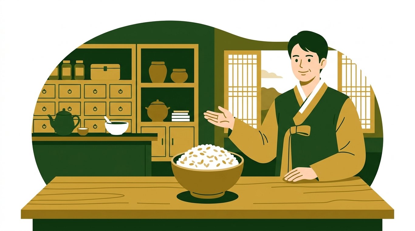 한의원 풍경을 배경으로 건강한 식탁 위에 보리밥 그릇이 놓여있고, 한의사가 미소 짓고 있다.