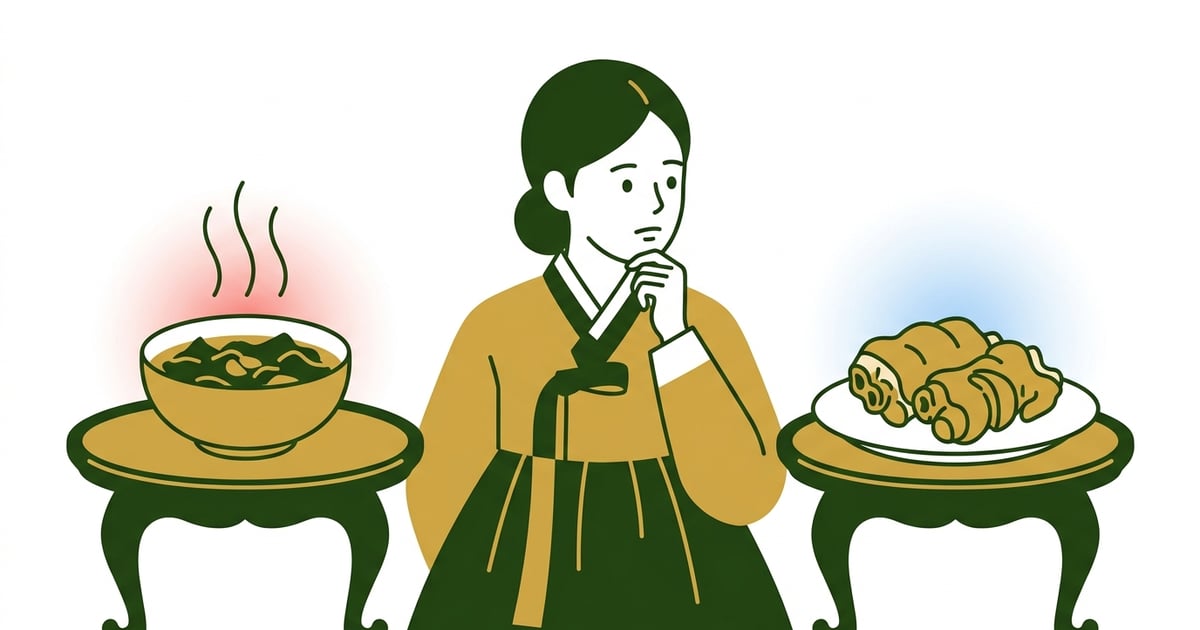 한복 입은 산모가 미역국과 돼지족발 중 하나를 고민하는 일러스트