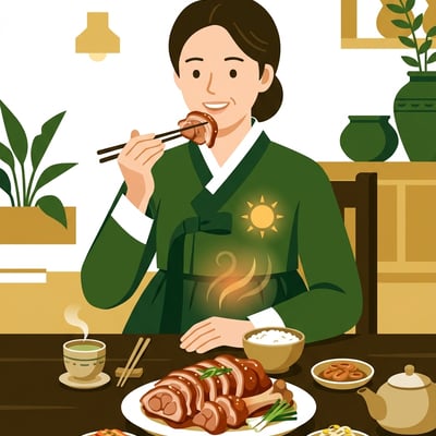 밝고 건강한 모습의 토양체질 산모가 돼지족발이 담긴 밥상을 기분 좋게 보고 있는 장면