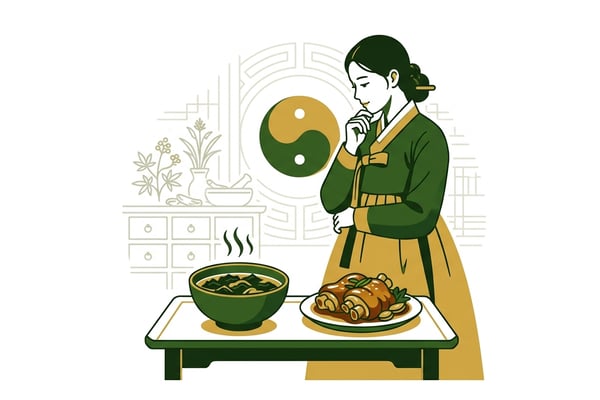 한의학적 지식이 담긴 전통적인 공간에서 출산 후 산모가 미역국과 돼지족발 중 고민하는 모습