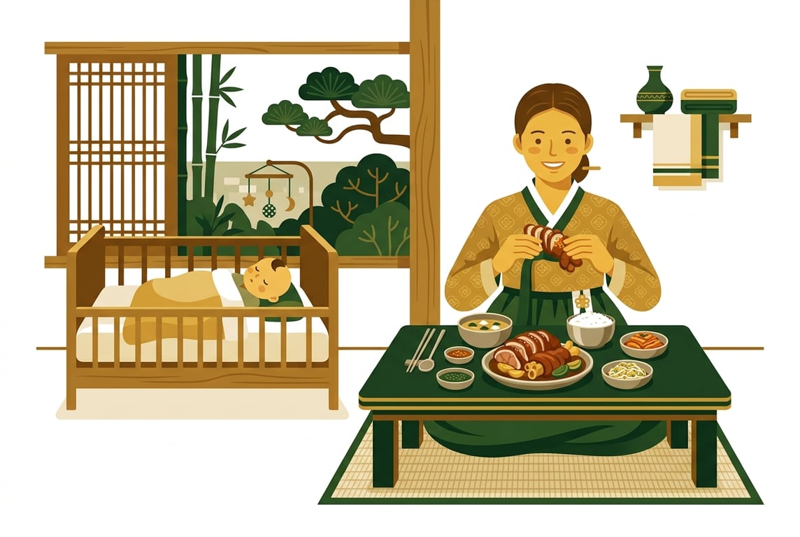 토양체질 산모가 돼지족발을 맛있게 먹으며 건강을 회복하는 행복한 장면.