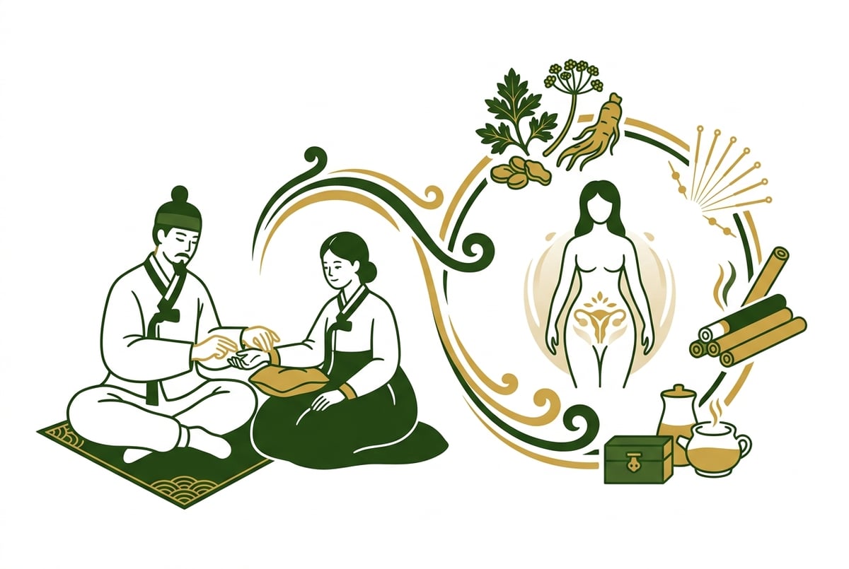 한의사가 진찰하는 모습과 다양한 한약재, 뜸, 침 치료 도구들이 조화롭게 배치된 그림.