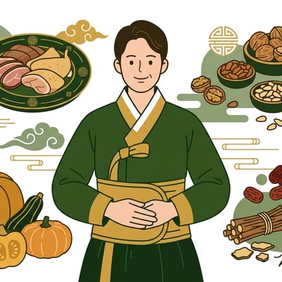 아랫배에 복대를 하고 온화한 미소를 짓는 사람 주변으로 건강에 유익한 음식들이 따뜻한 색감으로 배치되어 있다.