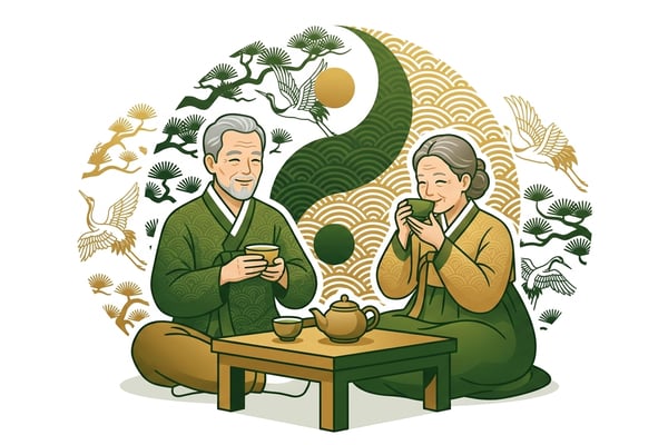 화목해 보이는 노부부가 함께 차를 마시며 미소 짓는 모습, 배경에 한의학적 심볼