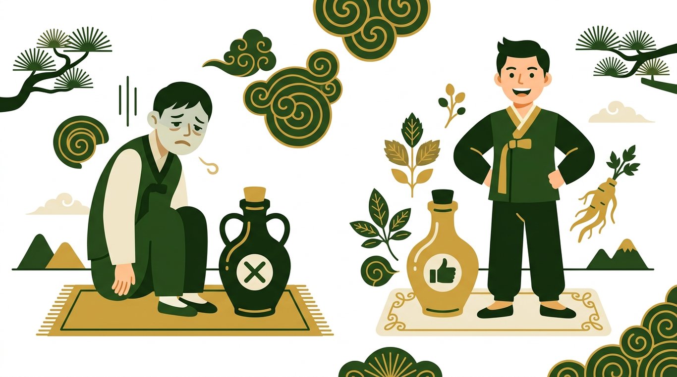 약재 위에 쓰러진 사람과 건강해진 사람을 대조하며 체질별 약물 효과 차이를 보여주는 일러스트