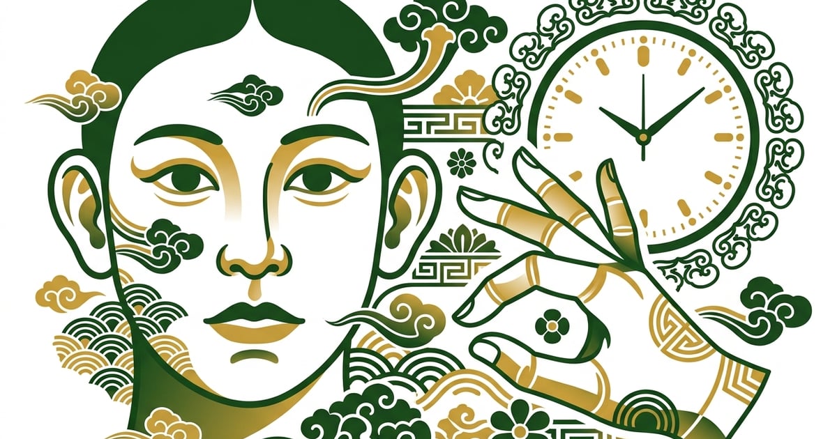 사람 얼굴의 눈, 코, 귀, 입의 7개 구멍과 손가락 마디의 배열, 그리고 시계 바늘이 12시를 가리키는 모습이 한의학적으로 조화롭게 표현된 일러스트