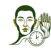 사람의 얼굴, 손가락 마디, 그리고 24시간을 상징하는 시계 바늘이 조화롭게 배치된 인체와 숫자의 연결