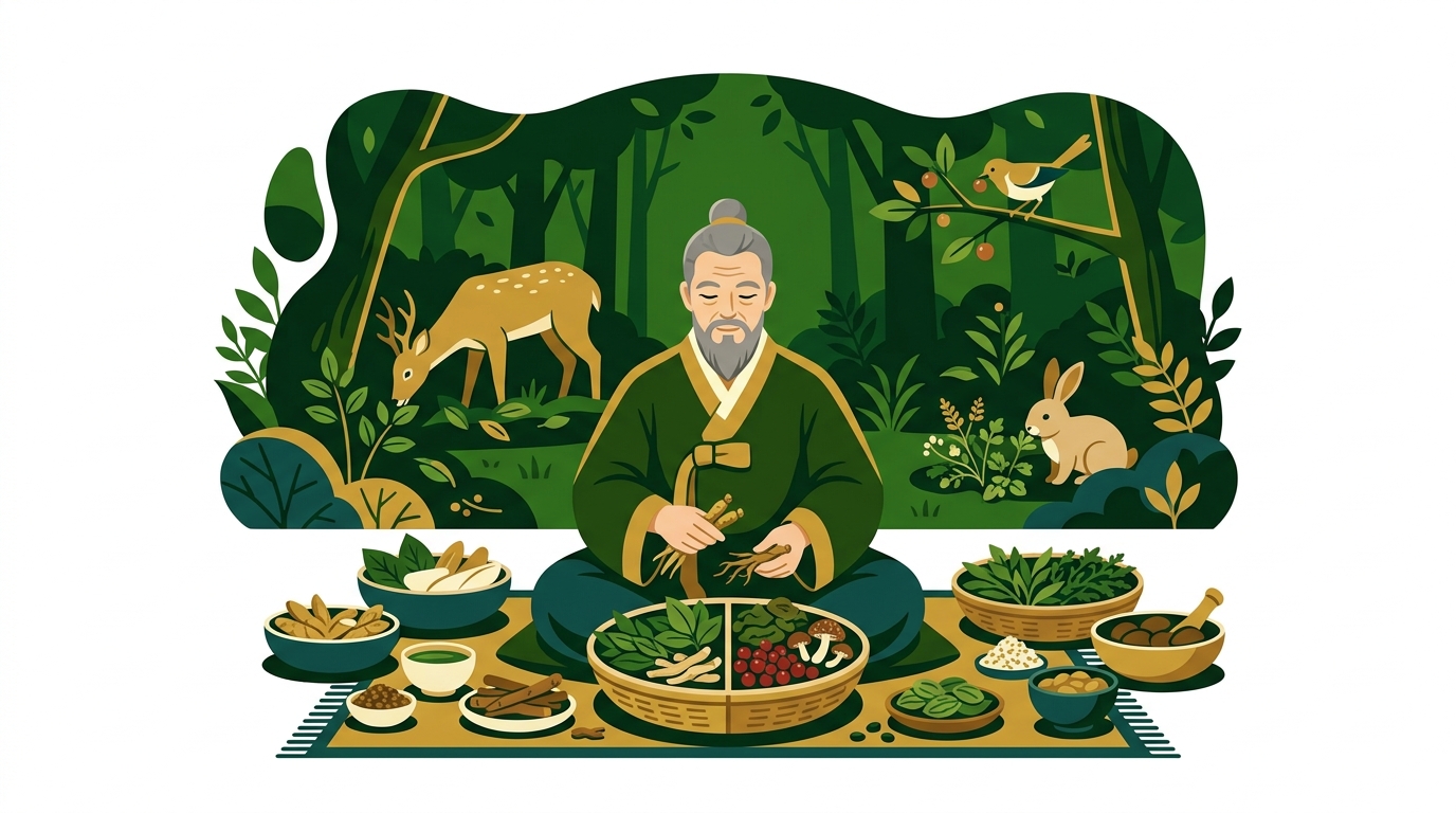한의사가 체질식을 설명하고, 자연 속 동물들이 본능적으로 먹이를 찾아 먹는 모습.