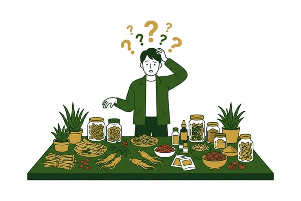 알로에, 곰쓸개 등 여러 음식 앞에서 고민하며 혼란스러워하는 사람