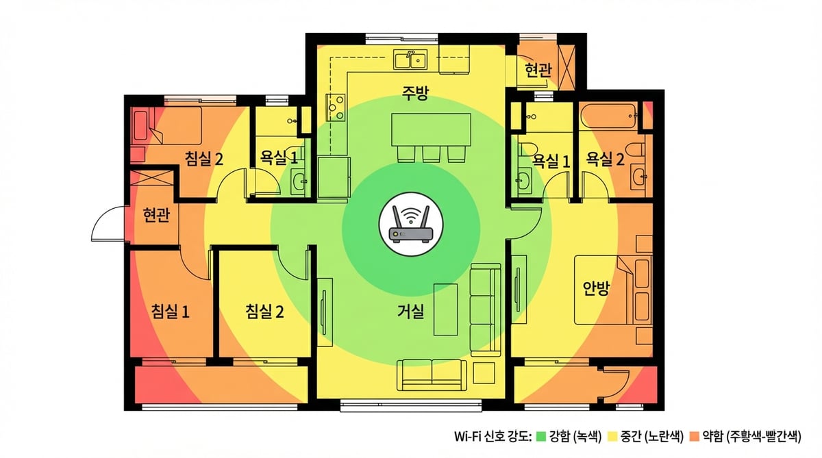 전형적인 한국 아파트 평면도에 와이파이 신호 강도를 색상별 히트맵으로 표시한 이미지. 거실 중앙에 공유기가 있고, 녹색(강함), 노란색(중간), 빨간색(약함)으로 신호 세기 표시
